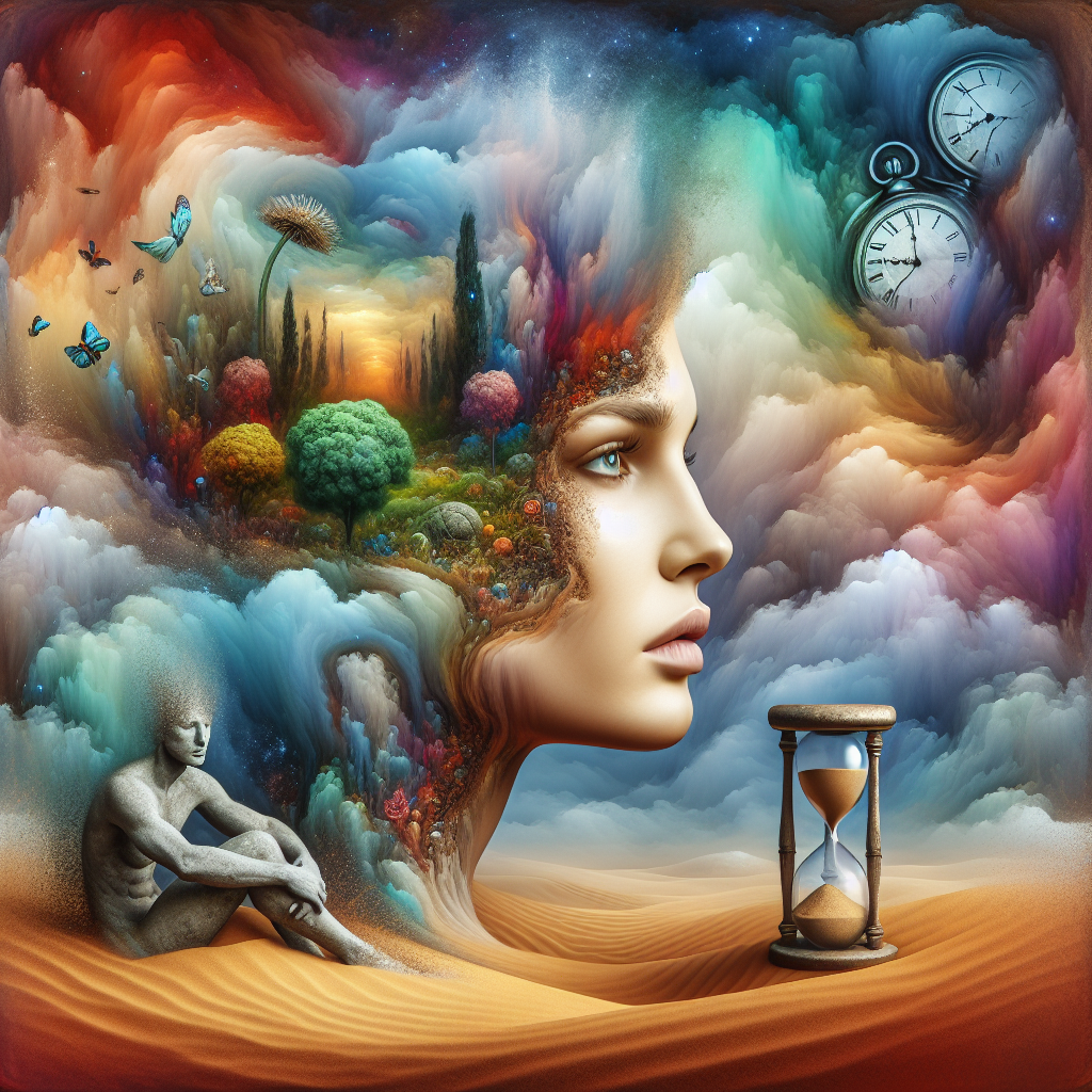 A surreal digital artwork showing a woman's head split open, revealing a garden inside. The boyfriend is depicted as a stone statue in the garden, turning to sand.