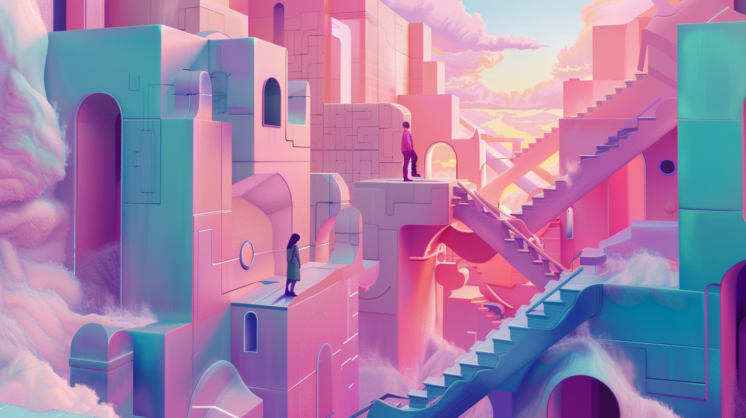 A surreal digital illustration of a couple trapped in a maze-like structure made of giant puzzle pieces, struggling to find their way to each other.