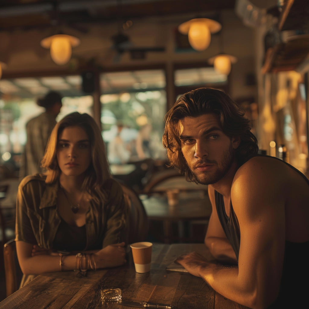 A tense cafe scene with a man flirtatiously leaning towards a woman in the background, while his suspicious-looking girlfriend sits at the table in the foreground