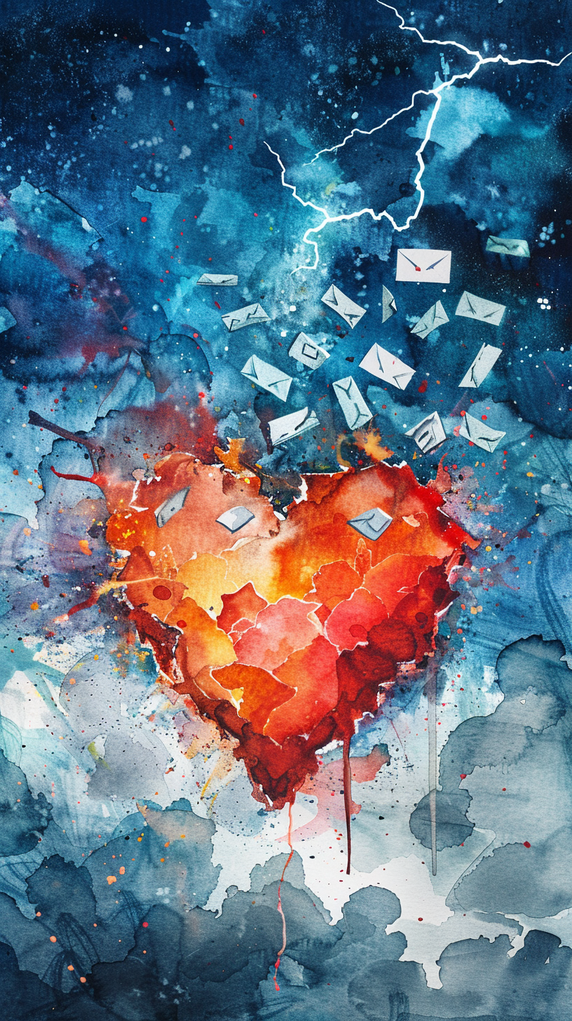 A torn paper heart with WhatsApp message bubbles floating away from it, symbolizing a digital breakup.