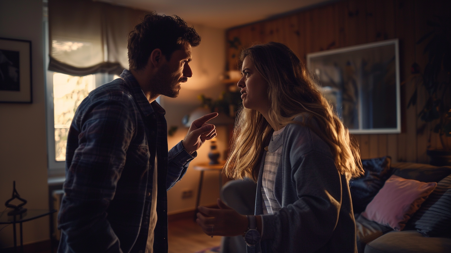 A young couple arguing in a dimly lit living room, the man pointing accusingly at the woman who looks hurt and defensive.