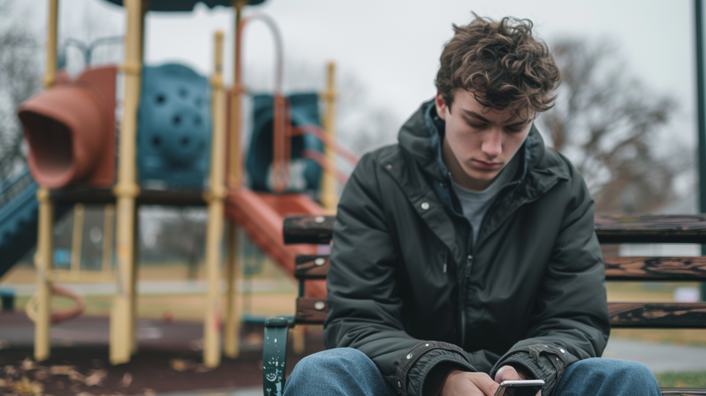 A young man sitting alone on a park bench, shoulders hunched, staring at his phone with a forlorn expression.