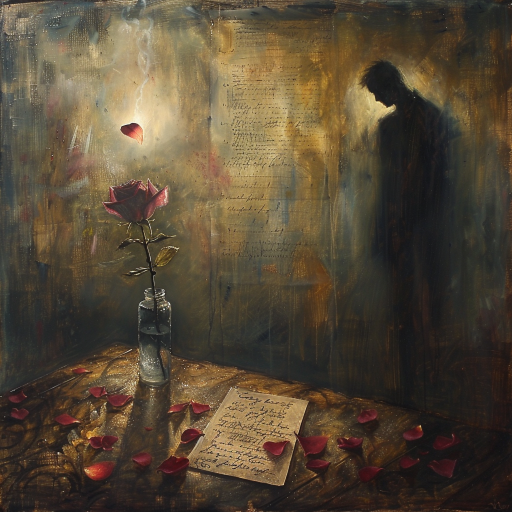 An oil painting of a wilting rose in a vase, petals falling onto a handwritten letter, and man's silhouette in the distance.