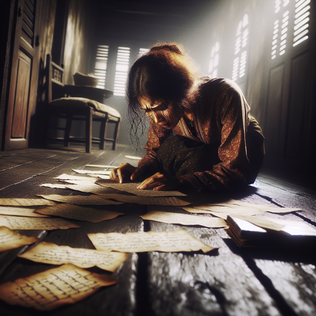 Distraught female figure hunched over handwritten letters strewn across weathered floorboards