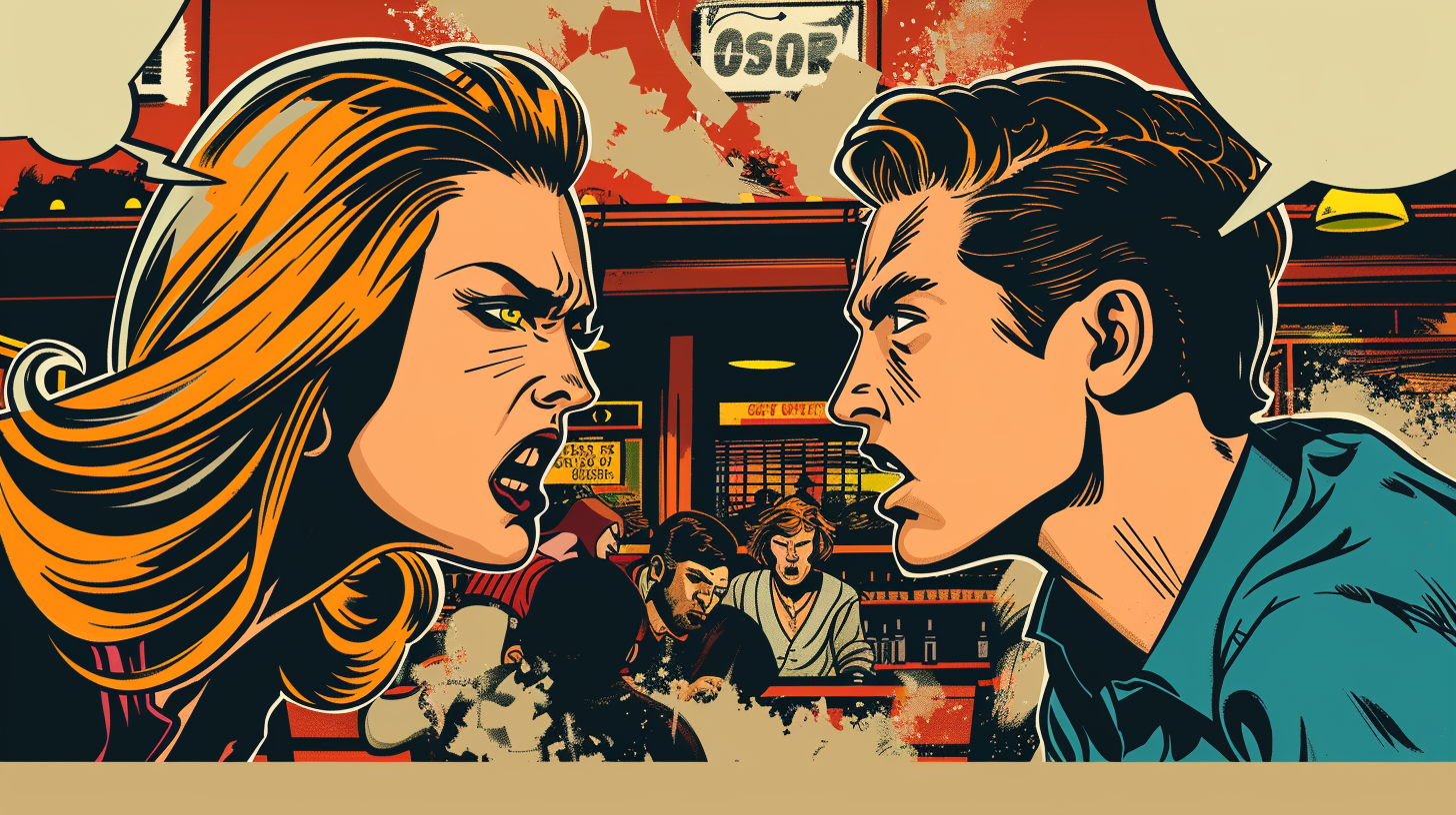 Dynamic comic book panel depicting a heated argument between a boyfriend and girlfriend, with exaggerated facial expressions and motion lines