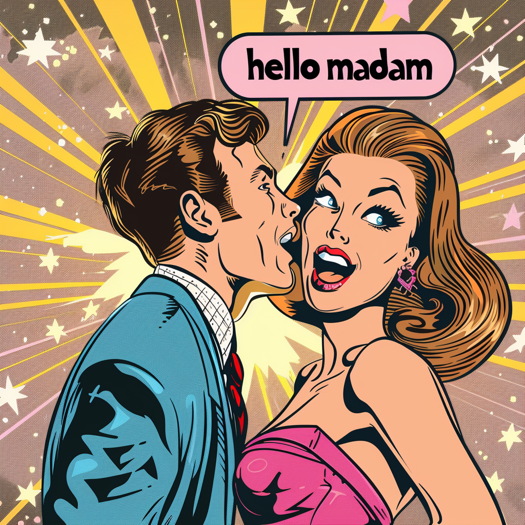 Dynamic panel showing a boyfriend and girlfriend in exaggerated poses with the boyfriend's speech bubble saying - hello madam.