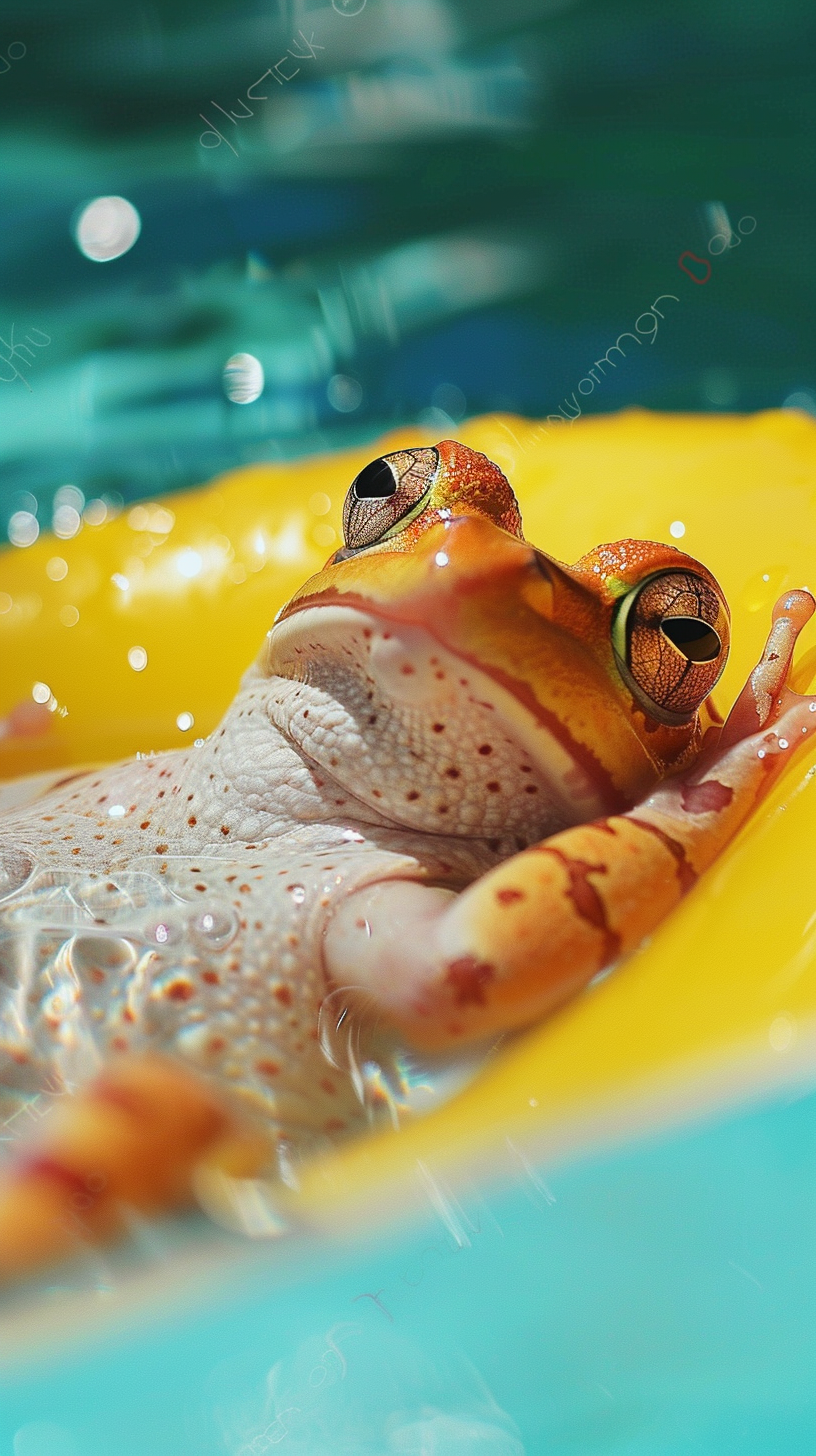 Frog taking a nap in the pool with a swimming ring