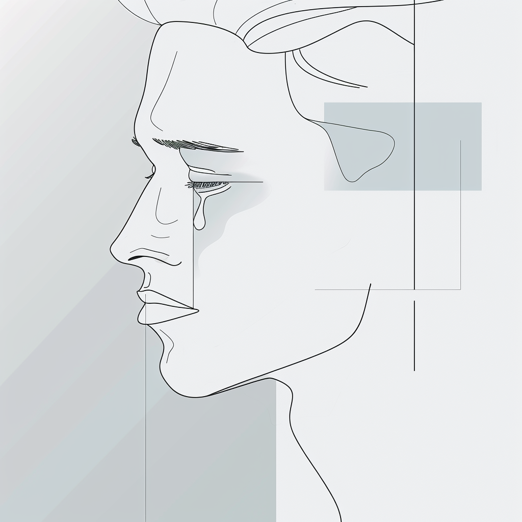 Simple line drawing of a man's profile, a single tear forming in his eye.