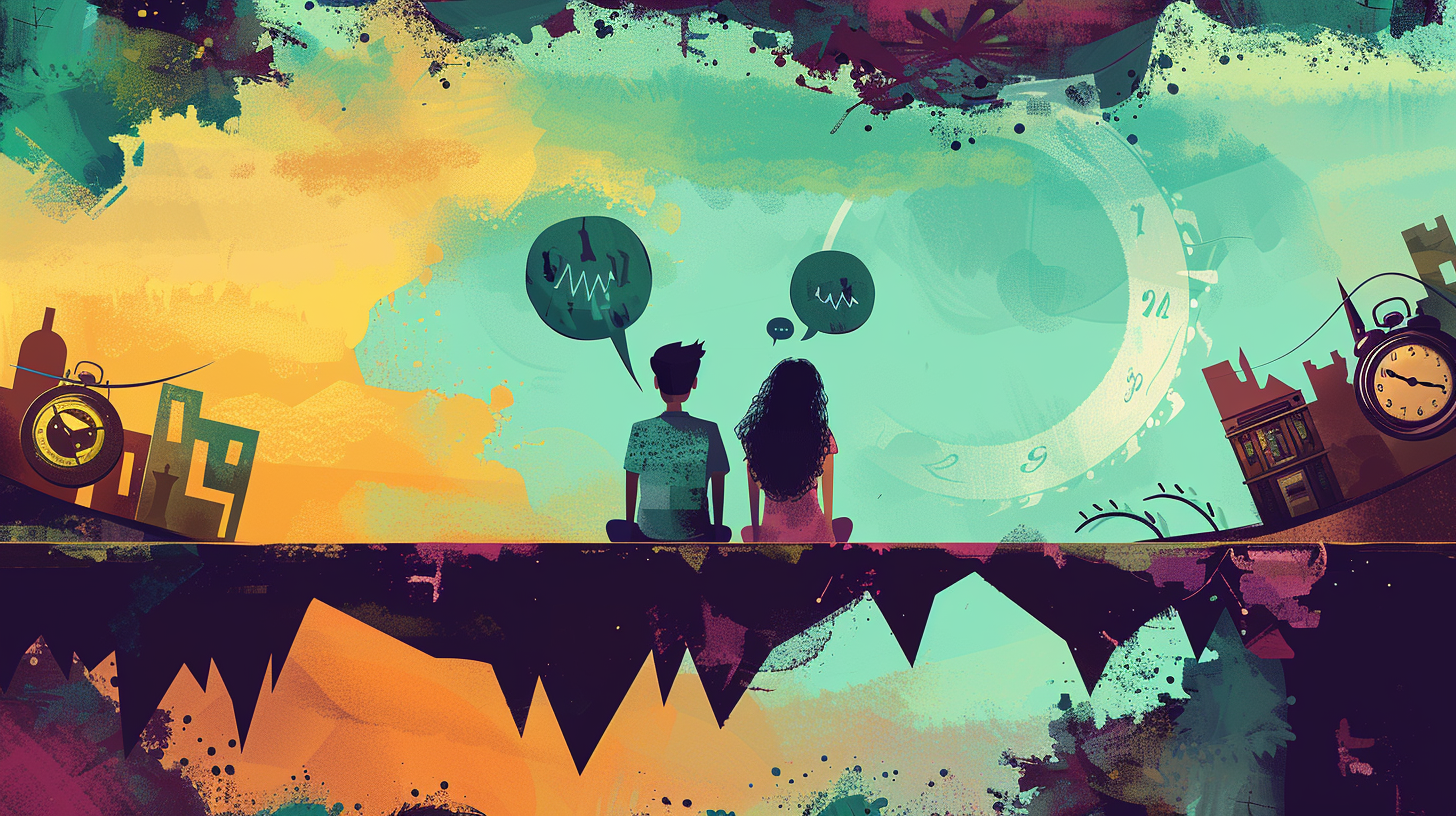 Stylized vector illustration of a couple sitting back-to-back on a crumbling bridge, the man's speech bubbles filled with accusatory words floating towards the woman.