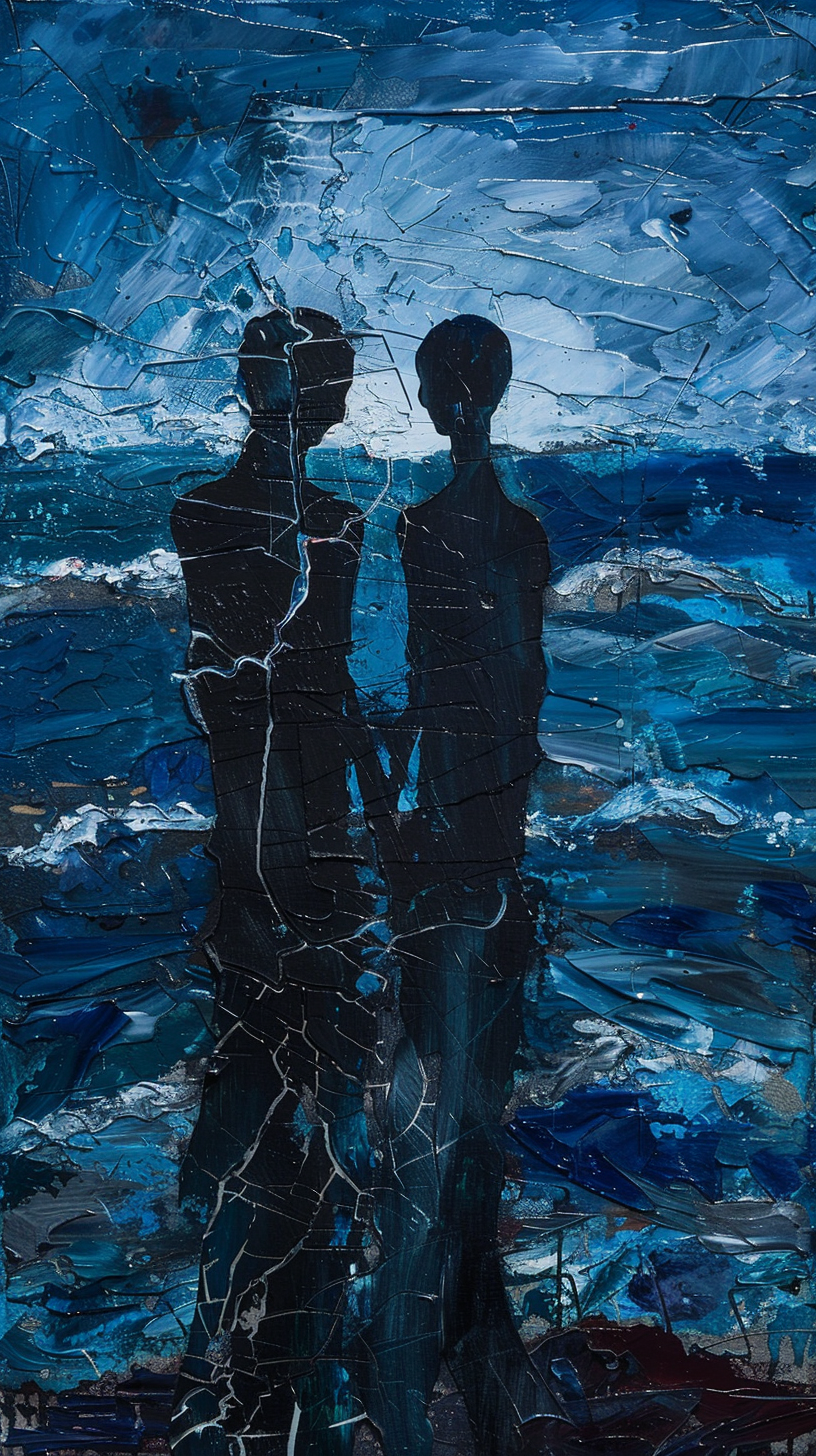 Two intertwined human silhouettes with cracks forming between them, symbolizing a fracturing relationship.