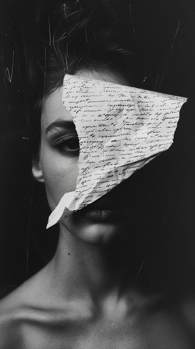 a black and white portrait of a beautiful and natural woman in black white, one part of her face is covered by white piece of paper where handwritten texts on it