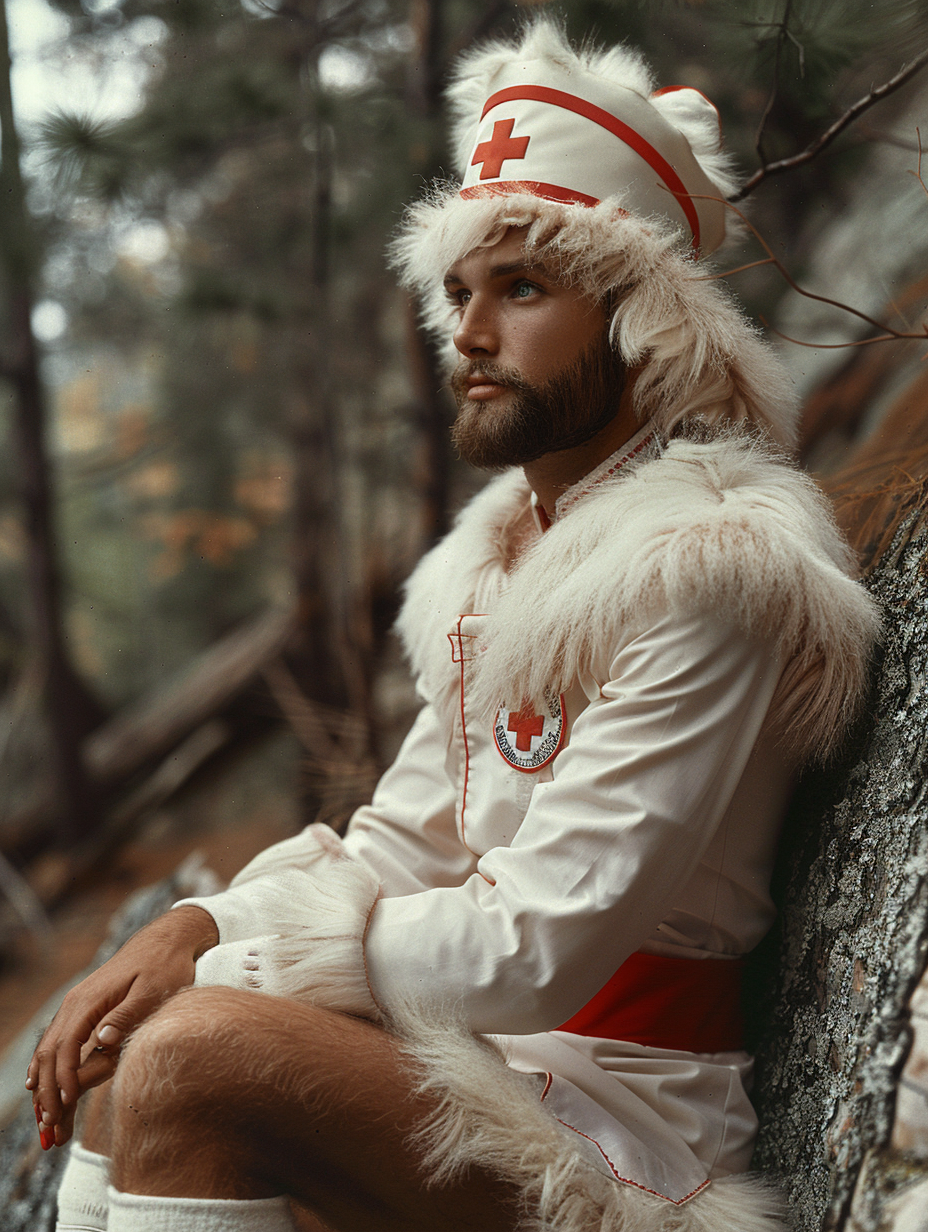 a funny picture of a hairy man in a nurses costume with high heels