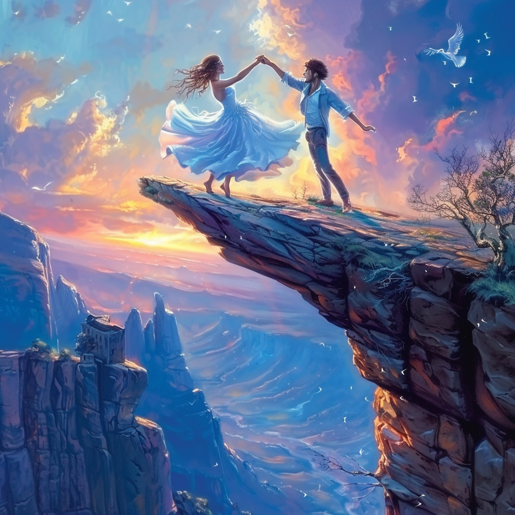 a man and a woman are in a dance position over the cliff