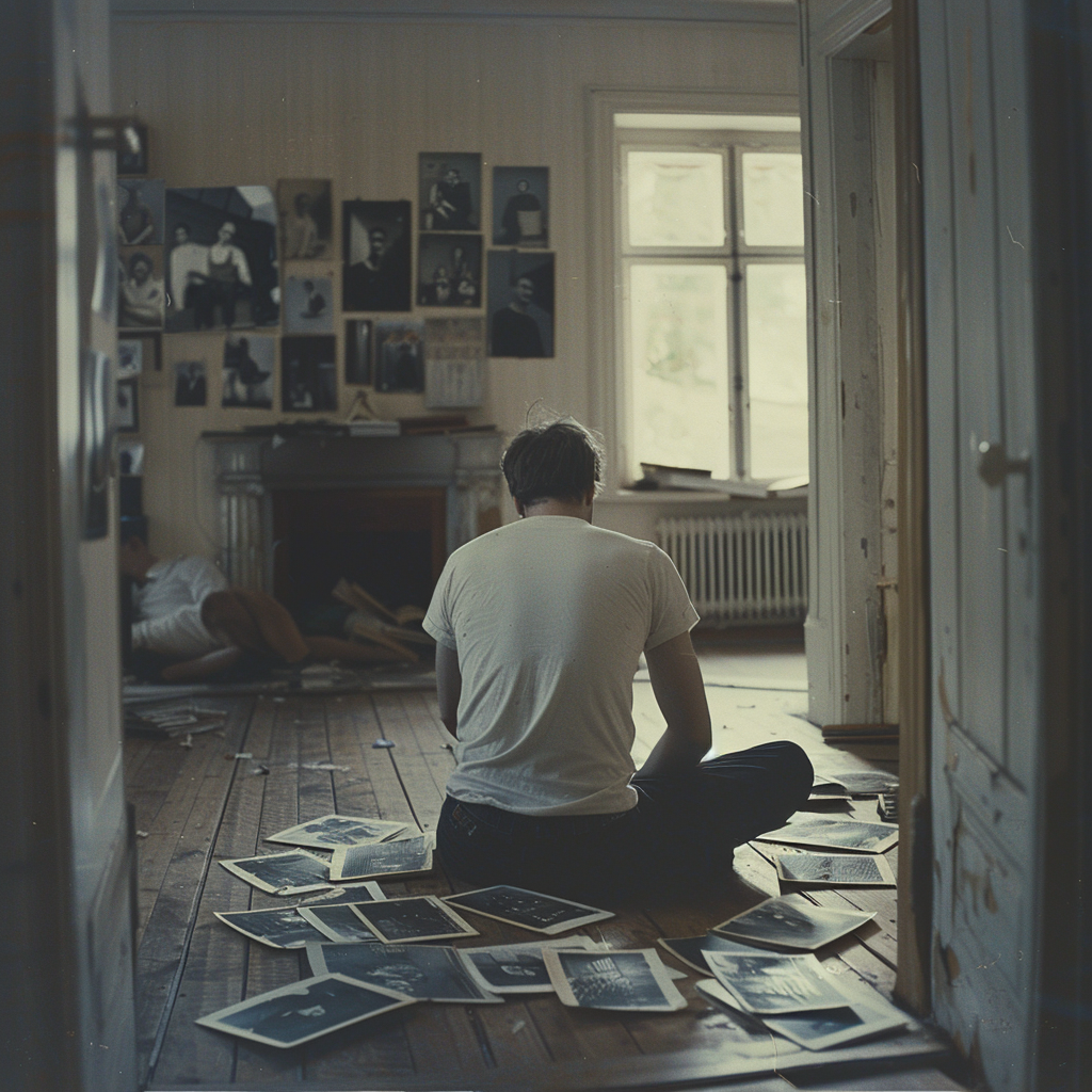 a man sitting on the floor of a room, staring at photographs lying around