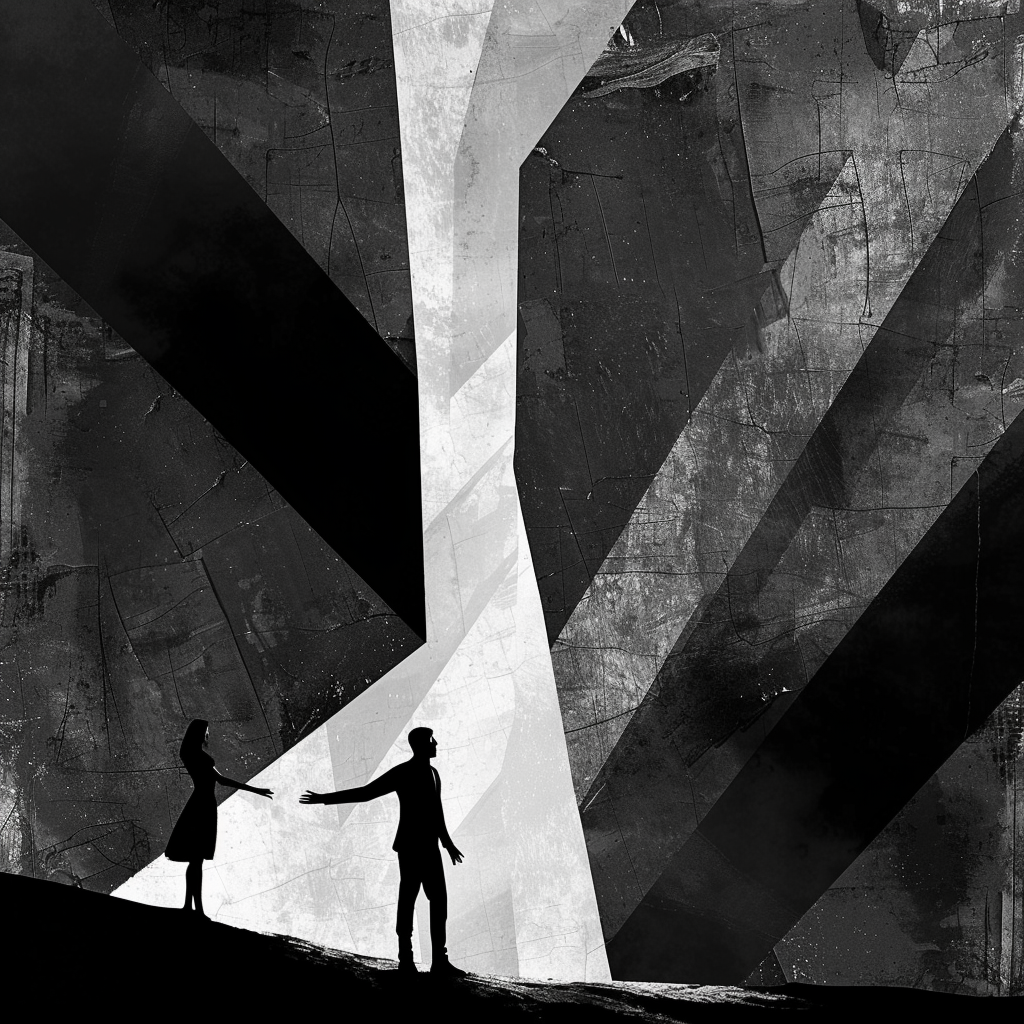 abstract art, background of large geometric shapes , in the foreground a man standing at one extreme, his hand reaching out to a woman on the other extreme