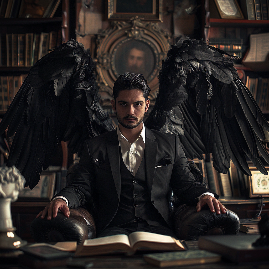 image of a man in a suit and black wings, sitting in his office