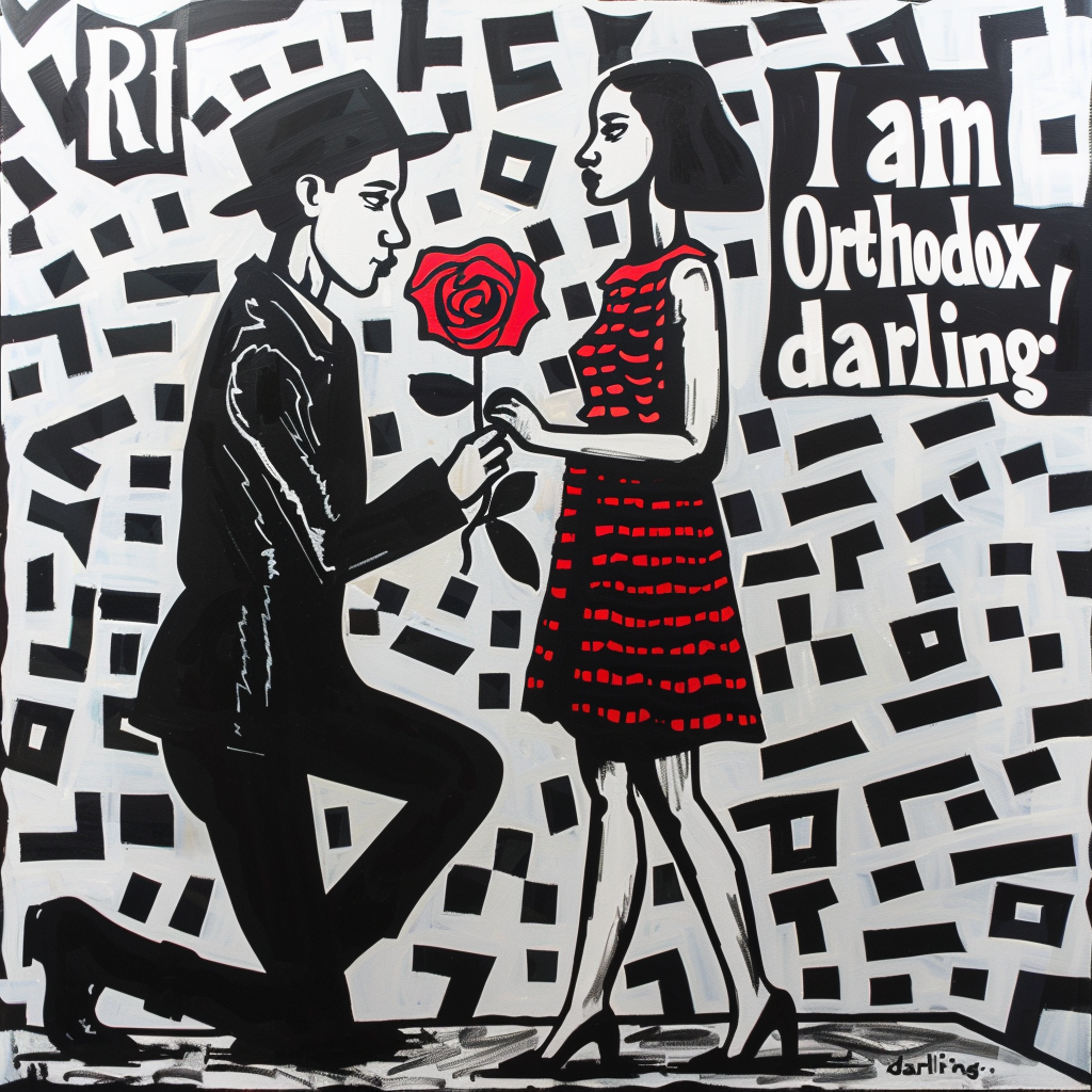 man on his knees, offering a rose to a woman standing, I am Orthodox, darling text above the image, black and white, bright colors, in the style of Keith Haring