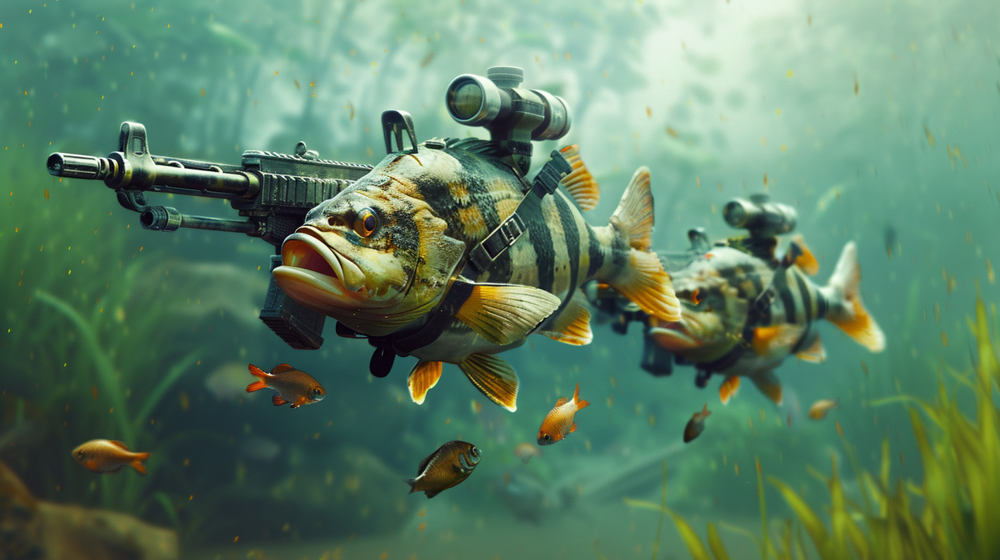 photorealistic image of perch fish floating in water, dressed in tactical gear, carrying guns, chasing scared roach fish.