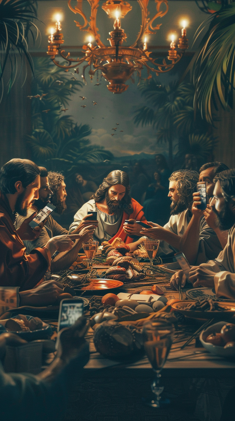 the scene of the Last Supper is reproduced, the characters in the picture are holding mobile phones