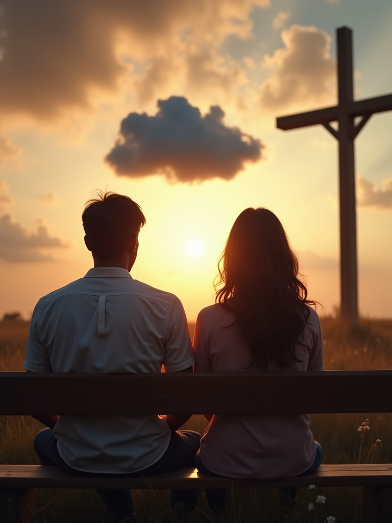 A couple sitting on a bench at sunset with a cross in the background