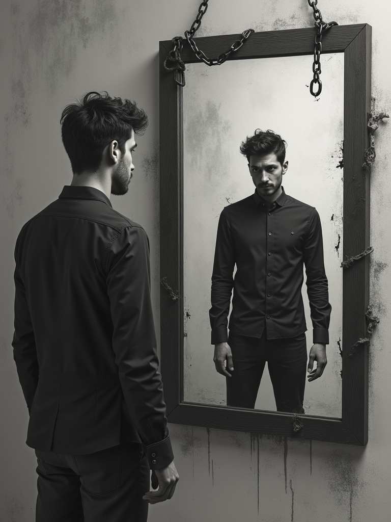 A dramatic mirror reflection scene in dark clothing