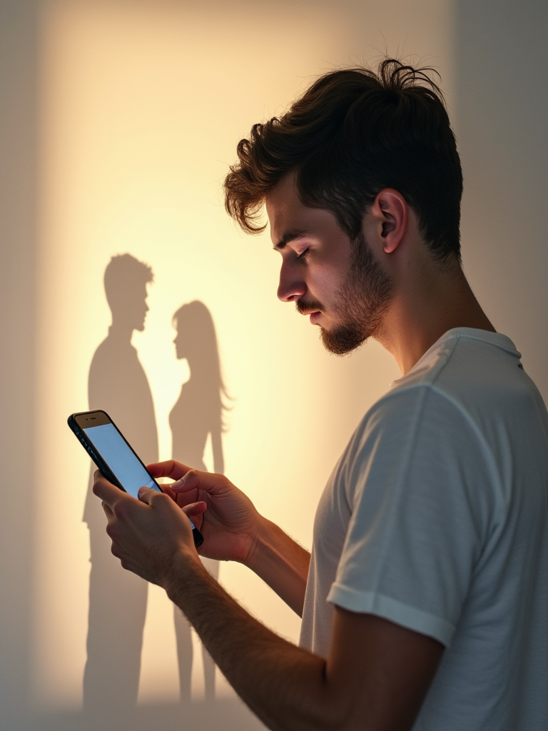 A person checking their phone with relationship shadows behind them