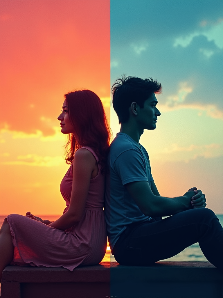 A split-tone image showing a couple sitting back-to-back during sunset/sunrise