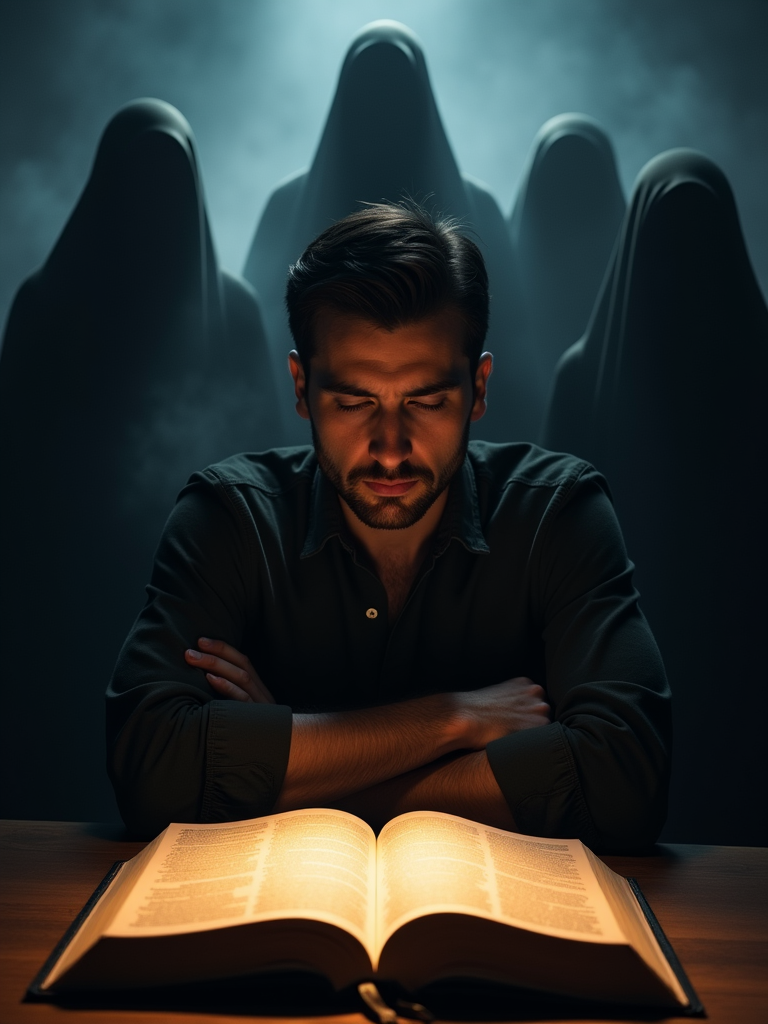 A dramatic scene of someone reading an illuminated book with shadowy figures behind them