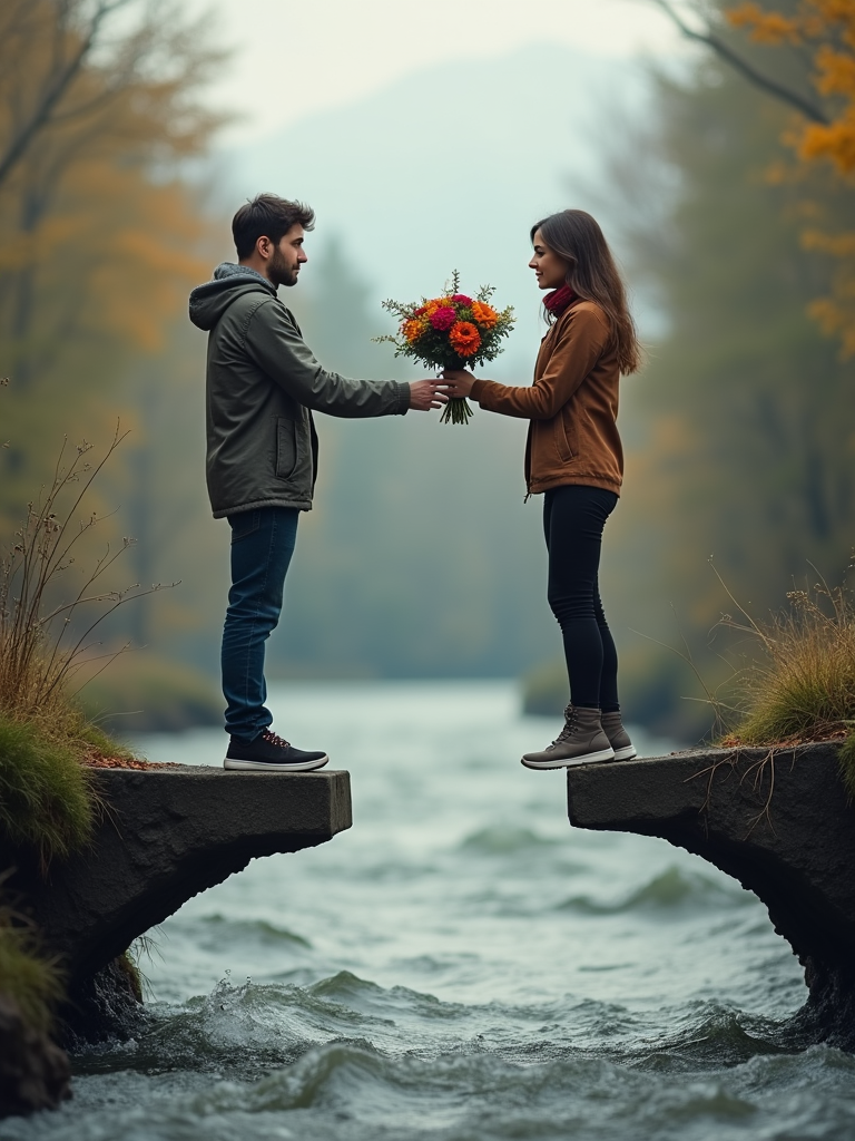 A couple exchanging flowers while standing on separate cliffs