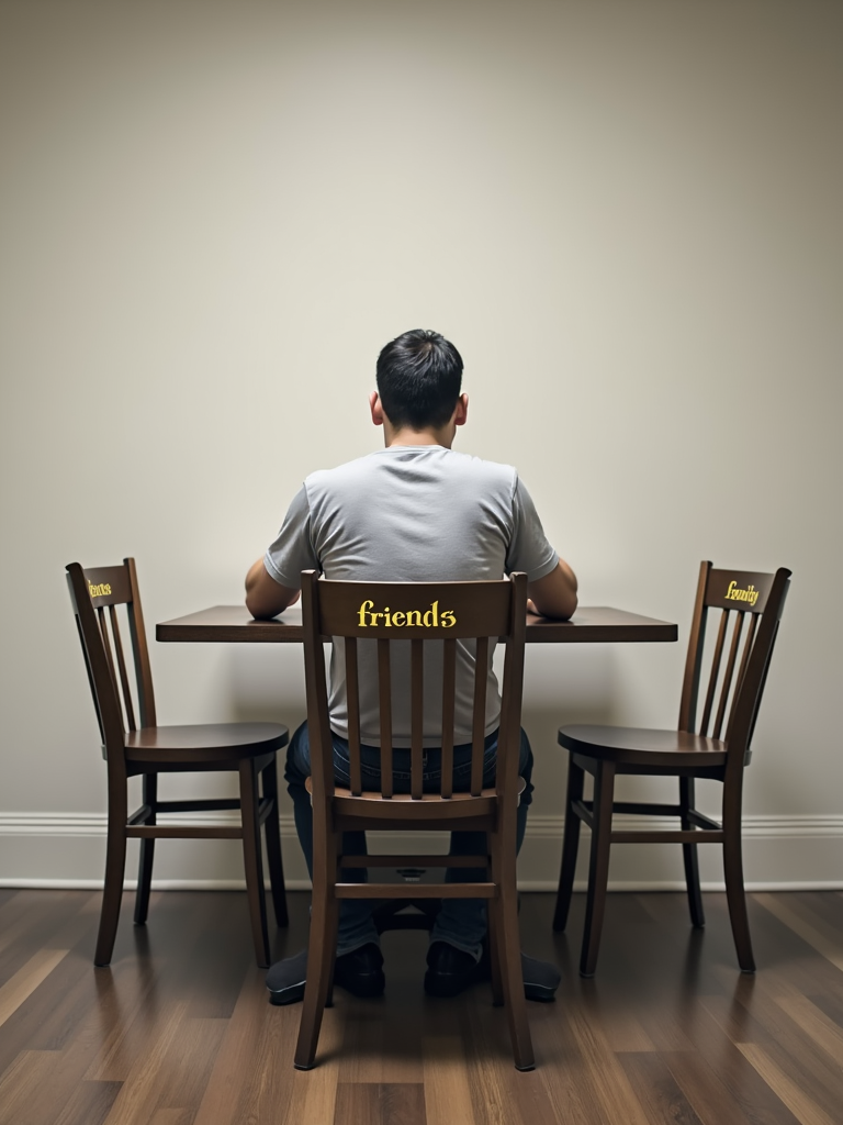 A solitary figure sitting at a table with empty chairs labeled "friends"