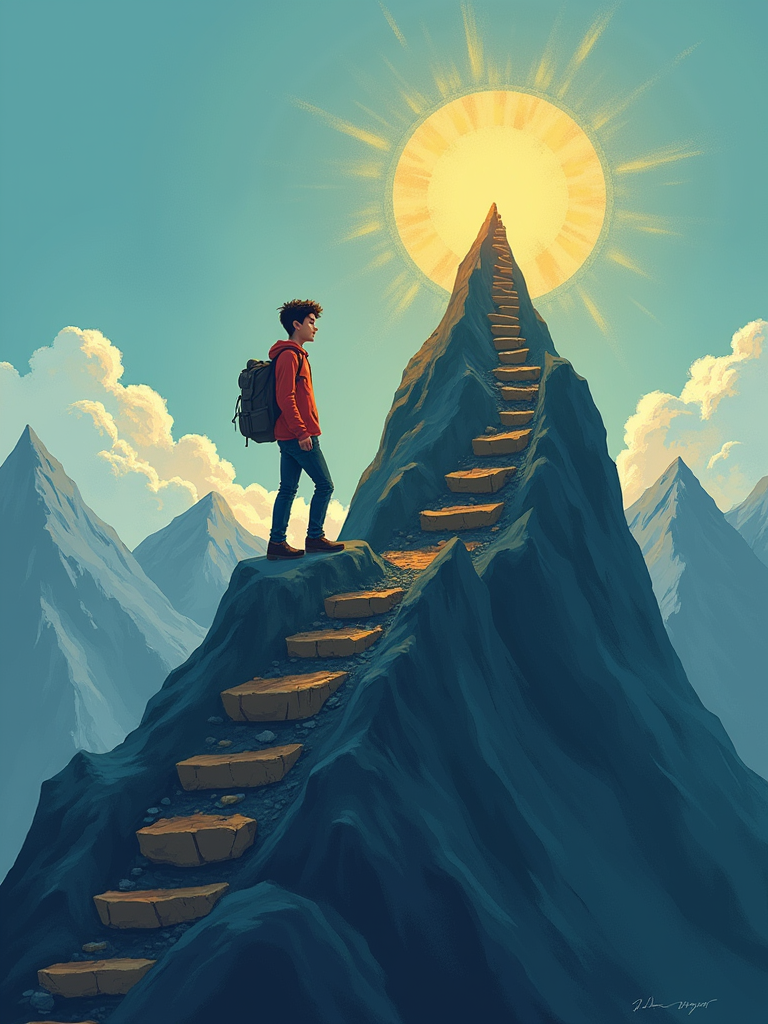 An illustration of a hiker facing stone steps up a mountain peak