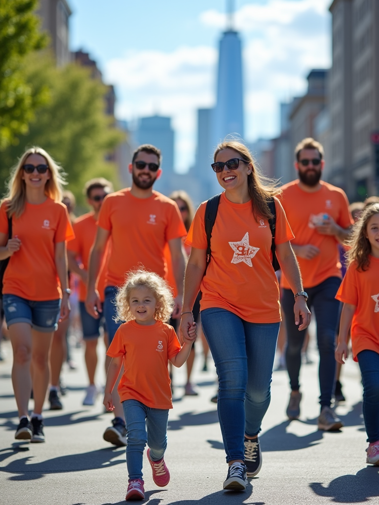 A scene of a family participating in a charity walk, wearing matching t-shirts and holding signs, with a cityscape in the background and a sunny day