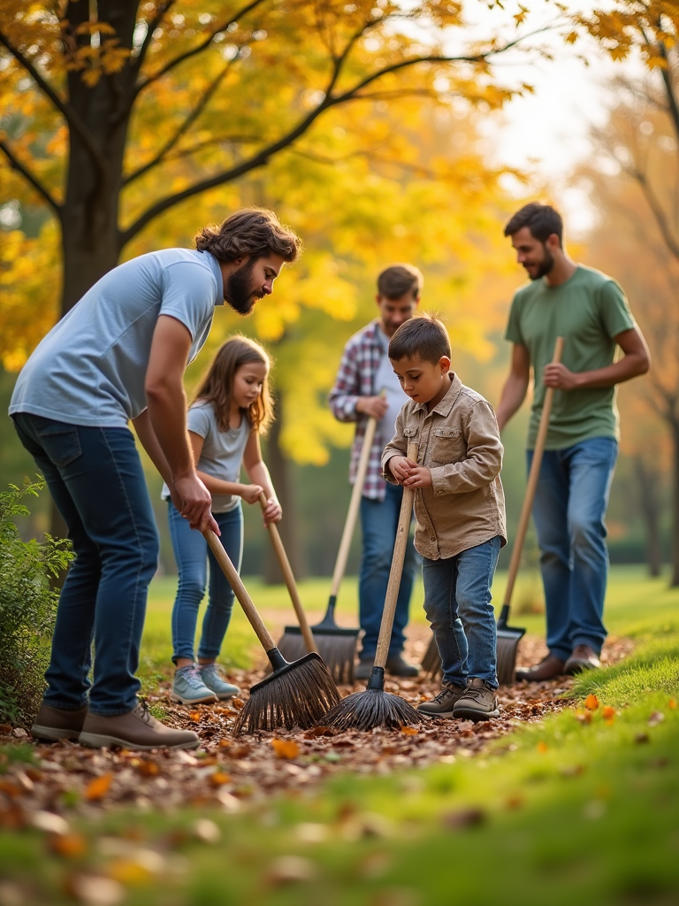 A scene of a family doing a community service project, cleaning up a park and working together as a team, with a sunny day and beautiful trees in the background