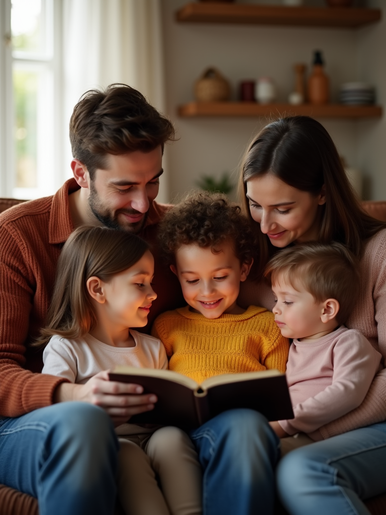 An image of a family having a family devotion, sitting together on a couch and reading from a Bible, with a peaceful and intimate atmosphere