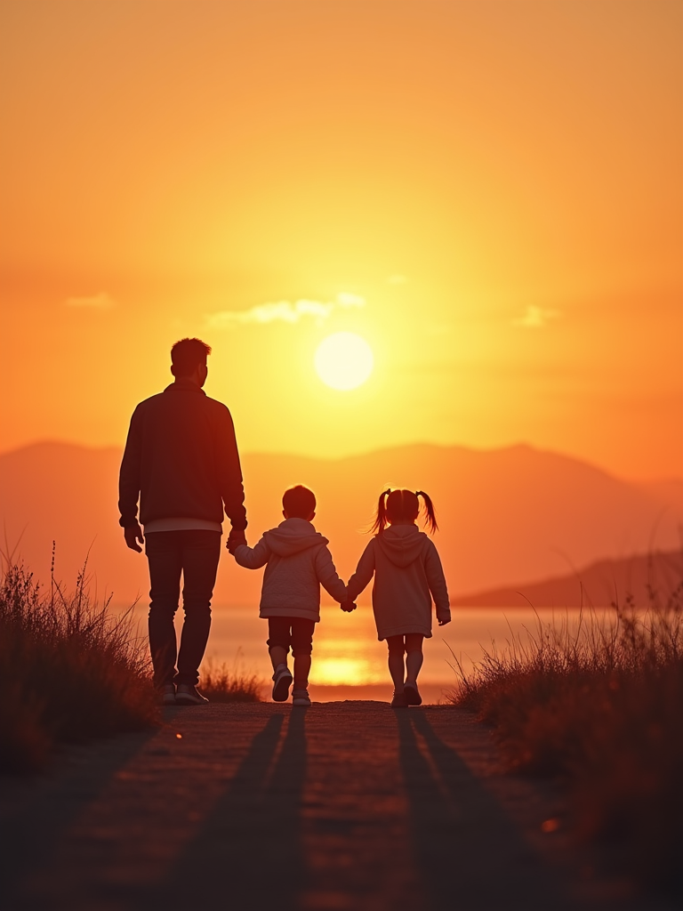 A serene landscape of a family walking together, holding hands and looking up at a beautiful sunset, with a biblical quote overlayed on the image