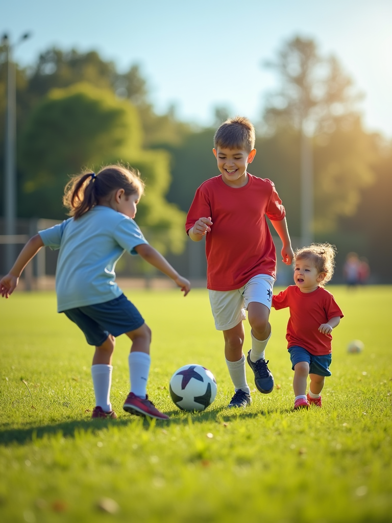 A scene of a family playing a sport together, playing soccer and laughing, with a sunny day and a green field in the background