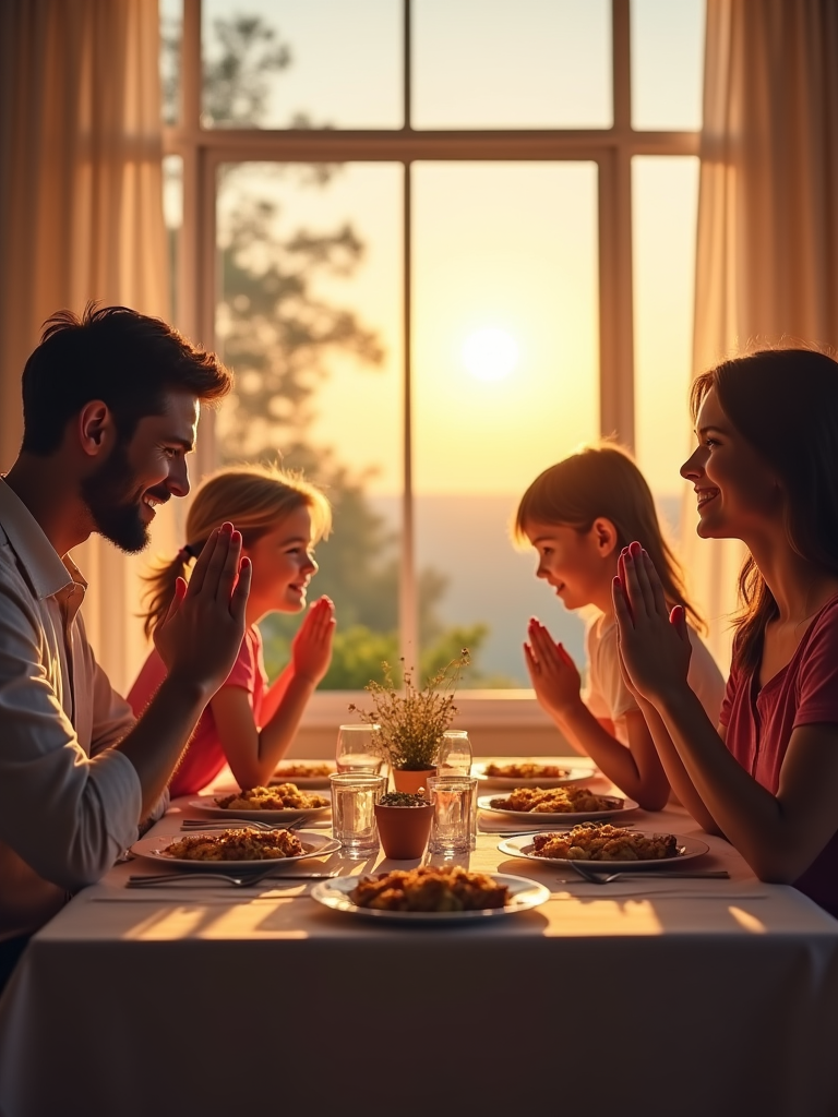 A warm and cozy family dinner scene with a father, mother, and two children sitting around the table, smiling and holding hands in prayer, with a big window in the background showing a serene landscape