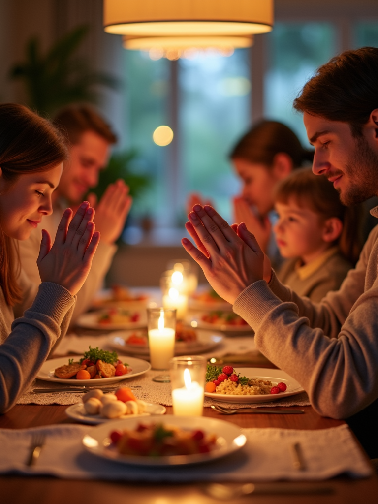 An image of a family saying grace before a meal, holding hands and bowing their heads, with a warm and inviting dining table in the background