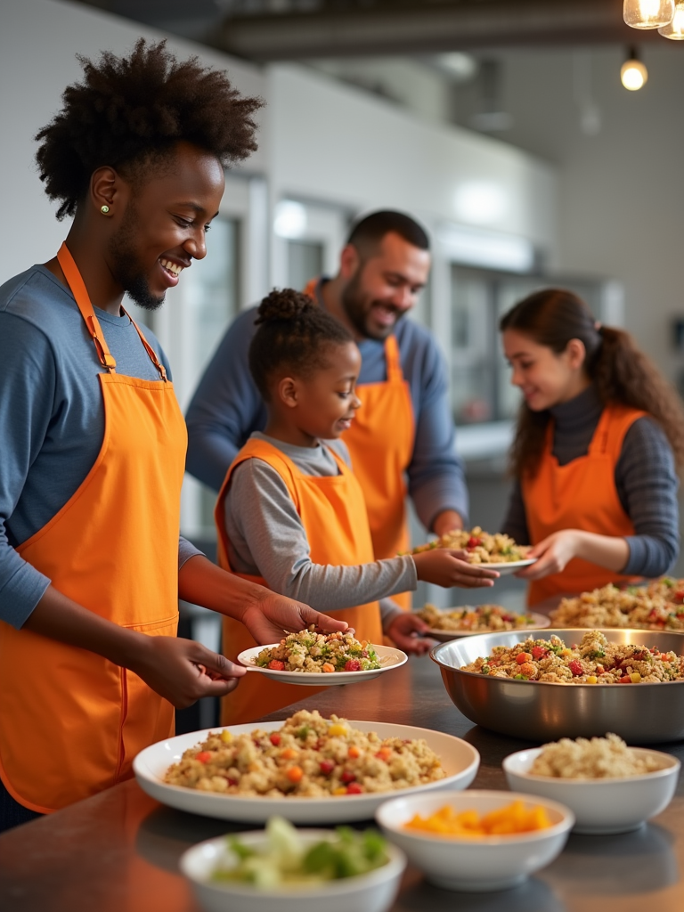 A picture of a family serving at a soup kitchen, with the parents and children all wearing volunteer vests and serving food to those in need