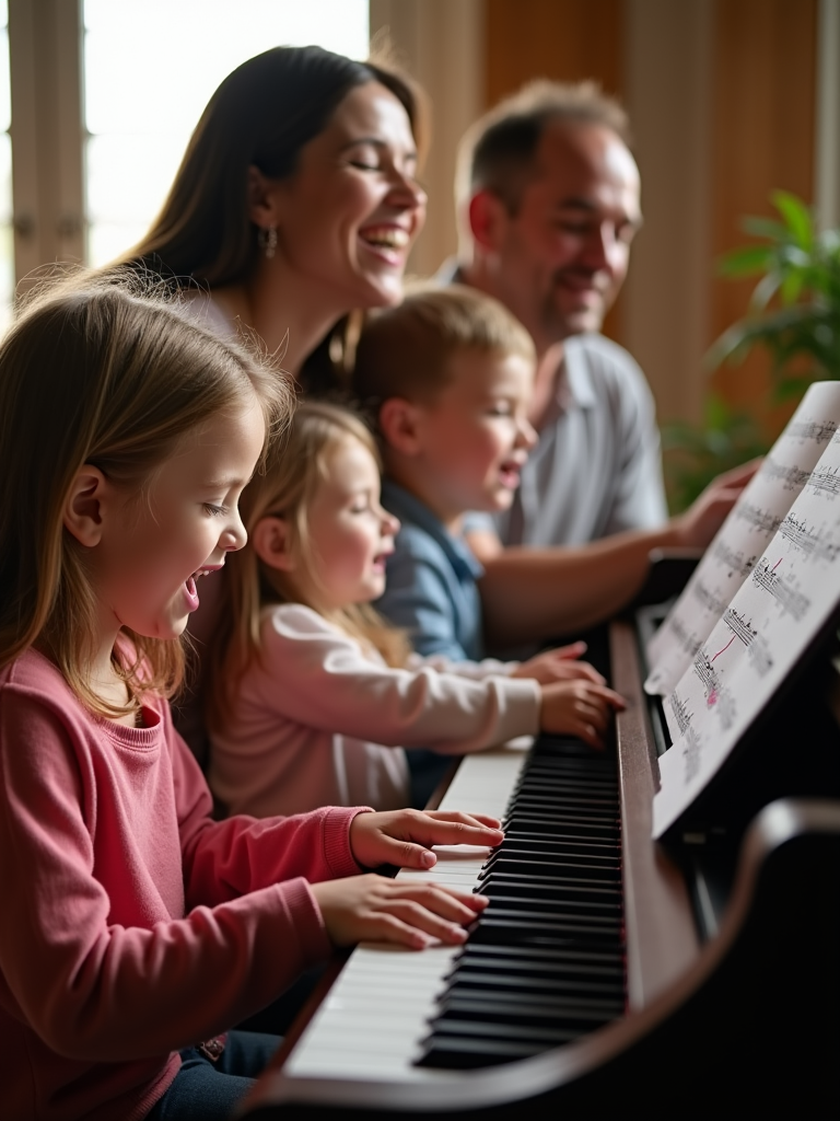 A picture of a family gathered around a piano, singing and playing worship music together, with smiles and joy on their faces