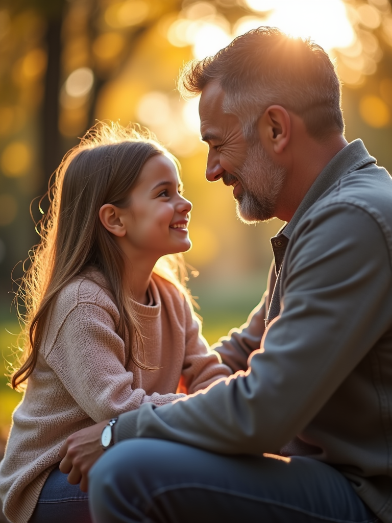 An image of a father and daughter having a heart-to-heart conversation, sitting on a bench and looking into each other's eyes, with a gentle and loving expression