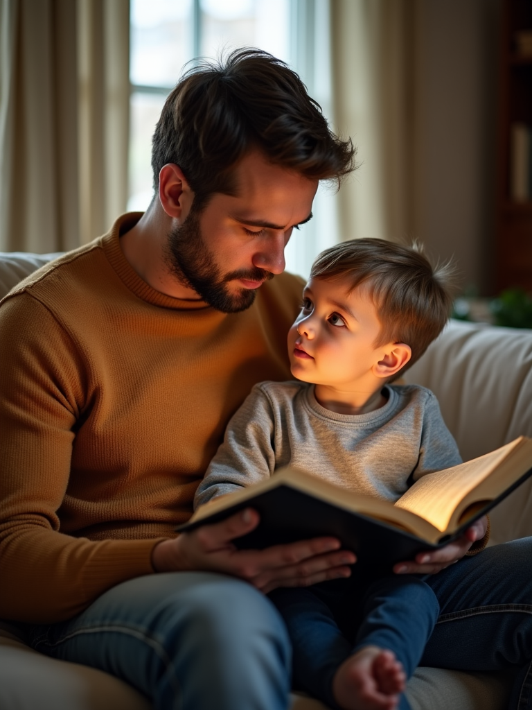 An image of a father and son reading the Bible together, with the son sitting on the father's lap and looking up at him with curiosity