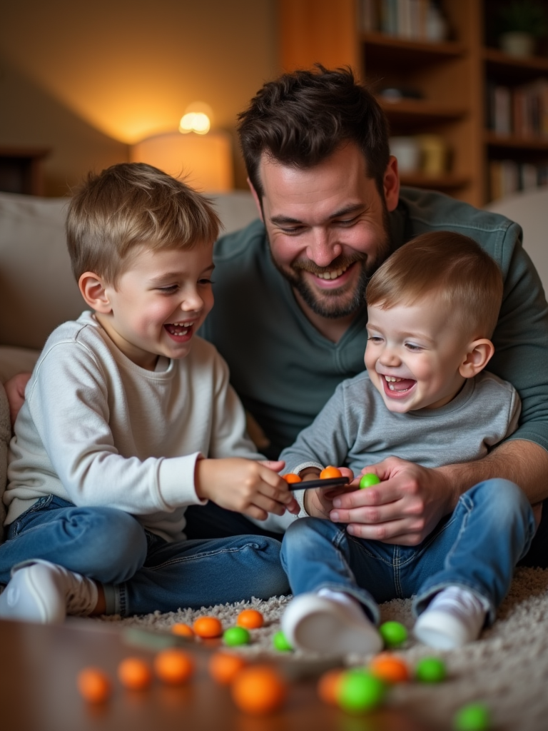 A picture of a father and son playing a game together, laughing and having fun, with a warm and cozy living room in the background