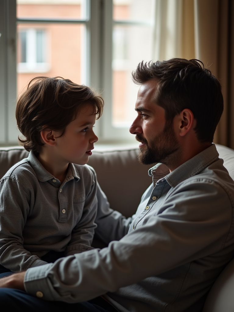 A picture of a father and son having a deep conversation, sitting on a couch and looking into each other's eyes, with a serious and meaningful expression