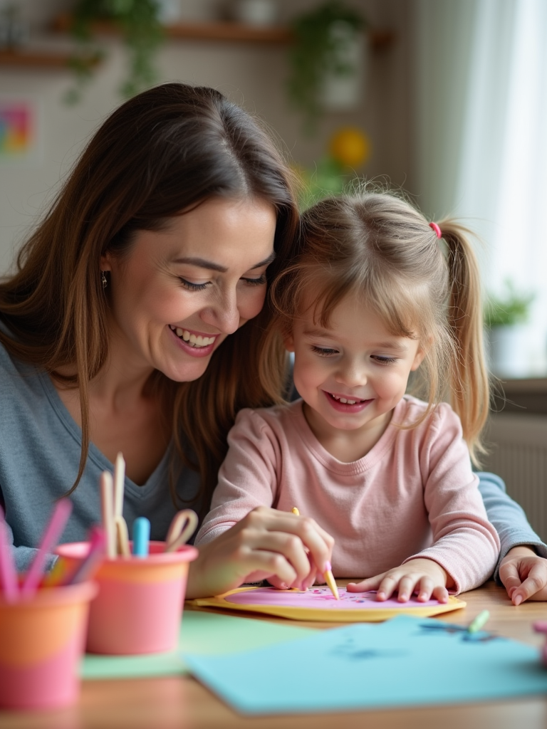 A picture of a mother and daughter doing a craft project together, sitting at a table and laughing, with a creative and colorful atmosphere