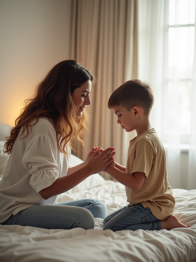 An image of a mother and son praying together, kneeling beside a bed and holding hands, with a soft and peaceful atmosphere