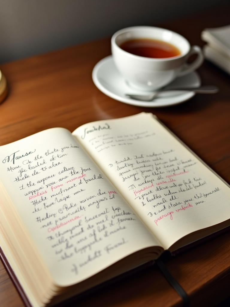 A journal open on a desk, filled with written affirmations and notes of appreciation, accompanied by a cup of tea and soft lighting.