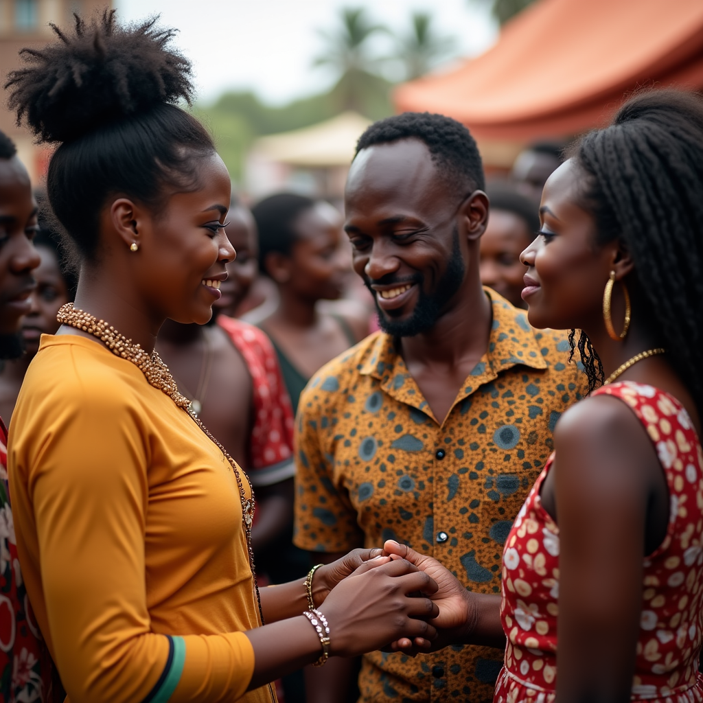 A vibrant scene of an African community event, where a man holds his partner’s hand while introducing her to his friends, a mix of pride and warmth in his body language.