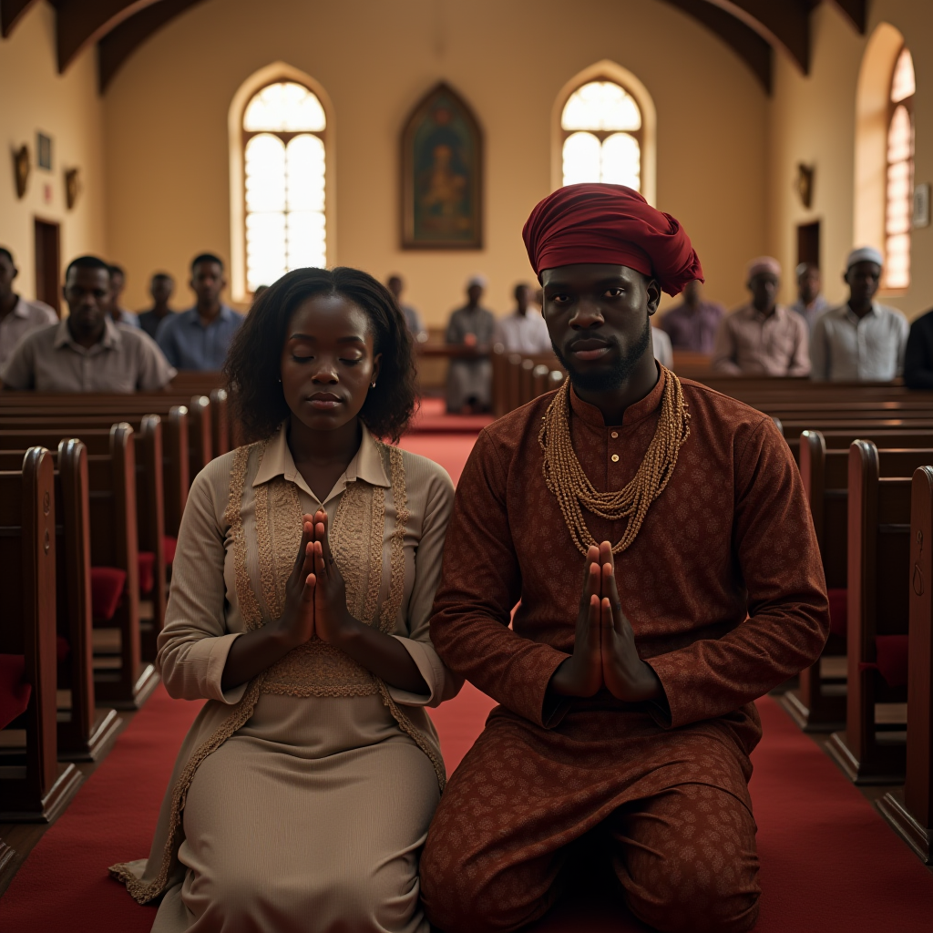 A spiritual moment in a traditional African church or mosque, where the couple kneels together in prayer, visibly connected through shared faith and mutual support.