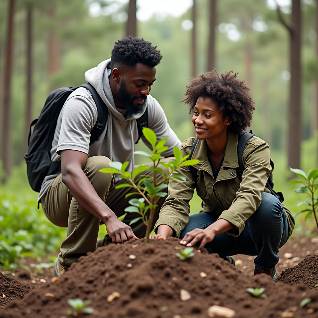 A candid moment of a man encouraging a woman during a shared activity, like hiking or planting a tree, his encouragement subtle but heartfelt, symbolizing teamwork and connection.